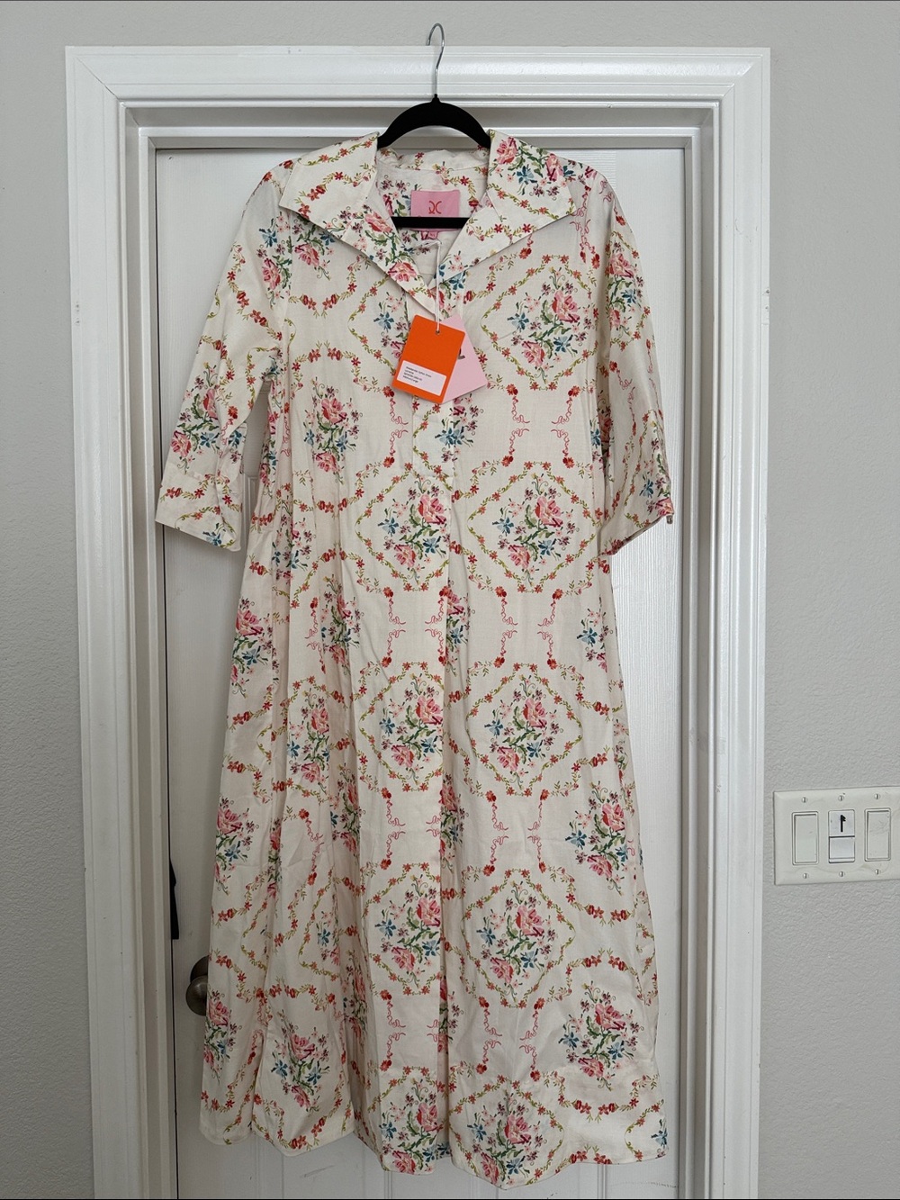 Floral Cream Midi Dress with Button-Front Collar